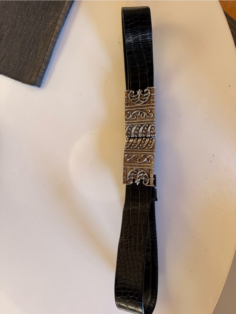 Black Faux-Croc Waist Belt with Decorative Silver-Tone Filigree Accent